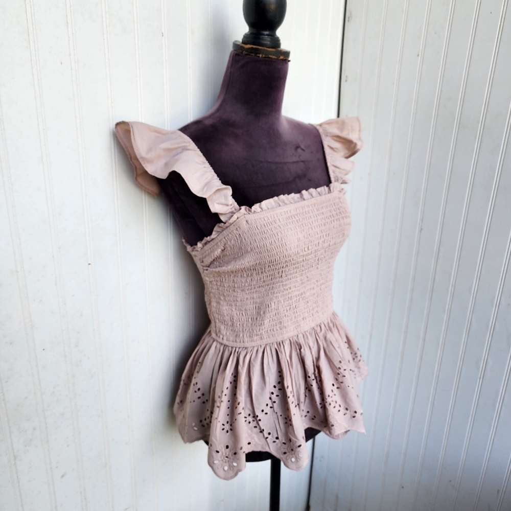 Japna Women's Beige Ruffled Smocked Stretch Eyelet Top Blouse Cotton Sz M - Picture 2 of 11